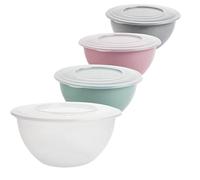 Juego de 4 cuencos con tapa, 5 l, ensaladera con tapa, cuenco para mezclar, plástico (PP), sin BPA, color: gris claro, rosa pastel, verde y transparente, tapa transparente, diámetro de 28 cm,
