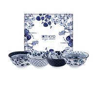 Juego de 4 cuencos Tokyo Design studio Flora Japonica, azul y blanco, diámetro de 14,8 cm, 7 cm de alto, aprox. 500 ml, porcelana asiática, diseño de flores japonesas, incluye paquete de regalo.
