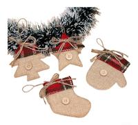 Juego de 4 decoraciones colgantes de tela de Navidad para uso en árbol con formas de estrella, manoplas y calcetines, hechas con costuras intrincadas y detalles naturales