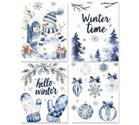 Juego de 4 decoraciones de pared con diseño de Hello Winter Christmas sin marco, decoración de pared, guantes de Navidad azules, adorno de copo de nieve, muñeco de nieve, imágenes para decoración de