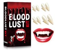 Juego de 4 dientes de vampiro para adultos y niños, 4 pares de dentaduras de vampiro con 30 tatuajes de cicatrices y protector bucal blanco, colmillos realistas, accesorios de cosplay para carnaval