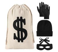 Juego de 4 disfraces de ladrón, incluye bolsas de lona con signo de dólar, máscara de ojo bandido, gorro de punto para Halloween, cosplay, fiesta temática de ladrones