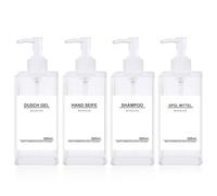 Juego de 4 dispensadores de jabón de 300 ml, dispensador de jabón para Ducha, dispensador de plástico rellenable con Embudo, Etiquetas Impermeables, Botellas de champú Vintage para Rellenar para
