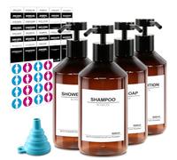 Juego de 4 Dispensadores de Jabón Marrón, Dispensador Gel y Champu Ducha 500ml Rellenables Dosificador Jabon Baño Plastico para Líquido Loción Gel de Ducha, con 56 Etiquetas Impermeables, Embudo