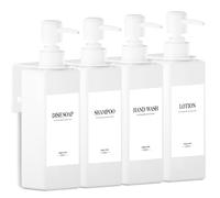 Juego de 4 dispensadores de jabón para pared, 500 ml, dispensador de jabón blanco, sin agujeros, dispensador de ducha de plástico con embudo y etiquetas impermeables, dispensador de champú para cocina