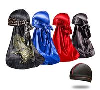 Juego de 4 durags sedosos para Hombre, para Ondas de 360º, Incluye 1 Gorro de satén para Ondas, Medium
