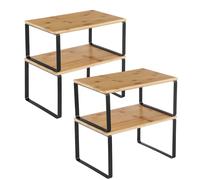 Juego de 4 Estantes de Cocina, para Almacenamiento de Gabinete, Apilables, Expandibles, Metal y Madera de Ingeniería, Negro y Natural