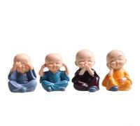 Juego de 4 estatuas de monje de madera de la suerte para plantas de madera brasileñas, decoración de tablero de Buda de resina con tema que no se ve, escucha hablar, para decoración zen de escritorio