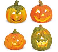 Juego de 4 faroles decorativos de calabaza pequeños como luces LED de decoración de Halloween, 8 cm cada una, mini calabazas decorativas como portavelas para exteriores o decoración de mesa interior,