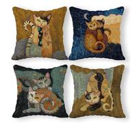 Juego de 4 fundas de almohada abstractas de lino de gato, 18 x 18 pulgadas, regalos para amantes de los gatos, divertida almohada de gatos, decoración de habitación de niños, regalos para dueños de
