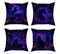 Juego de 4 fundas de almohada con diseño de caballo mágico, castillo gótico de fantasía, Halloween, violeta, con cremallera oculta, fundas de almohada decorativas para el hogar, sala de estar