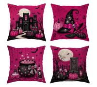 Juego de 4 fundas de almohada con diseño de calabazas, castillo gótico, sombrero de bruja, color melocotón, con cremallera oculta, fundas de almohada cuadradas para el hogar, sala de estar, dormitorio