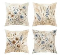 Juego de 4 fundas de almohada con diseño de flores, hojas de hierba de acuarela botánica, color azul otoñal con detalles de cremallera oculta, fundas de almohada para el hogar, dormitorio, sala de