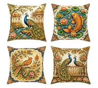 Juego de 4 fundas de almohada con diseño de pavo real, estilo oriental, vintage, lirio de agua, peces, verano, dorado, con cremallera oculta, fundas de almohada decorativas para sala de estar, cama