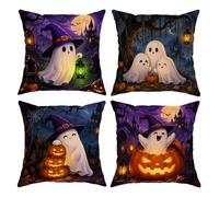 Juego de 4 fundas de almohada con temática de Halloween de 20 x 20 pulgadas | Jack-o'-lanterns, fundas de almohada, castillo embrujado, sombrero de bruja, follaje otoñal, bosque espeluznante