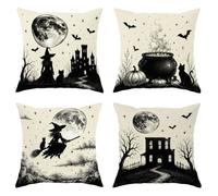 Juego de 4 fundas de almohada de bruja, caldero gótico de castillo de Halloween, color negro, con cremallera oculta, almohadas decorativas para sala de estar, cama, oficina, sofá, silla, decoración de