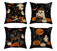 Juego de 4 fundas de almohada de calabazas, castillo de fantasmas de temporada para Halloween, color negro con cremallera oculta, fundas de almohada decorativas para sala de estar, cama, oficina, sofá
