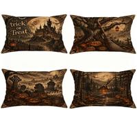 Juego de 4 fundas de almohada de calabazas góticas vintage de Halloween, 12 | Fundas de cojín con diseño gótico vintage, escena de castillo espeluznante, diseño de bosque embrujado