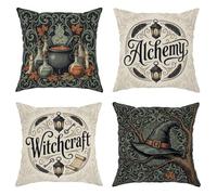 Juego de 4 fundas de almohada de caldero, vintage, alquimia mística, brujería, Halloween, color negro, con cremallera oculta, fundas de almohada decorativas para el hogar, dormitorio, sala de estar