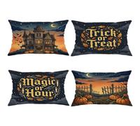 Juego de 4 fundas de almohada de casa encantada, calabazas vintage, cementerio, Halloween, terciopelo suave, lavable, para decoración del hogar, dormitorio, sala de estar, sofá, 20 x 12 pulgadas