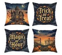 Juego de 4 fundas de almohada de casa encantada, calabazas vintage, cementerio, Halloween, terciopelo suave, lavable, para decoración del hogar, sala de estar, dormitorio, sofá, 18 x 18 pulgadas