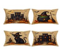 Juego de 4 fundas de almohada de castillo embrujado, diseño de caldero de bruja festiva, gato, Halloween, color negro, con cremallera oculta, fundas de cojín para el hogar, dormitorio, sala de estar
