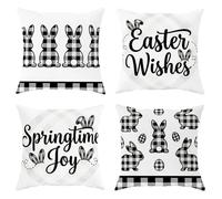 Juego de 4 fundas de almohada de conejo, diseño de huevo a cuadros, color negro, de terciopelo suave, lavable, para sala de estar, cama, oficina, sofá, silla, decoración, 24 x 24 pulgadas
