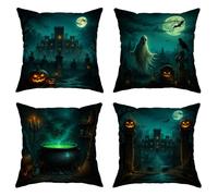 Juego de 4 fundas de almohada de fantasma, calabazas góticas espeluznantes, castillo de Halloween, color negro, con cremallera oculta, fundas de almohada decorativas para sala de estar, dormitorio