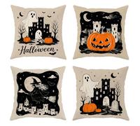 Juego de 4 fundas de almohada de fantasma, calabazas góticas espeluznantes, castillo, Halloween, naranja, terciopelo suave, lavable, fundas de almohada decorativas para sala de estar, cama, oficina