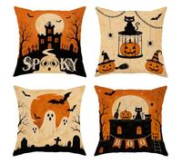 Juego de 4 fundas de almohada de fantasmas, castillo de calabazas festivas para Halloween, color naranja con detalles de cremallera oculta, fundas de almohada para el hogar, dormitorio, sala de estar