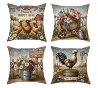 Juego de 4 fundas de almohada de gallo rústicas, pollos, flores, día de la independencia, color rojo, terciopelo suave, lavables, decorativas, para sala de estar, apartamento, cama, sofá, decoración