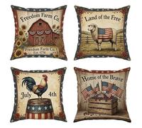 Juego de 4 fundas de almohada de granero, diseño rústico patriótico de oveja, gallo rojo del 4 de julio, terciopelo suave, lavable, fundas de almohada decorativas para sala de estar, cama, oficina
