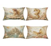 Juego de 4 fundas de almohada de hadas, de fantasía de caballitos de mar, castillo, primavera, terciopelo, suave, lavables, para sala de estar, dormitorio, loft, oficina, automóvil, 20 x 12 pulgadas