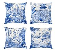 Juego de 4 fundas de almohada de jirafa, pavo real tropical oriental, pájaro tropical, ninguno azul, con cremallera oculta, fundas de almohada cuadradas para sala de estar, apartamento, cama, sofá
