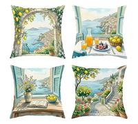 Juego de 4 fundas de almohada de limón, estilo mediterráneo, rústico, vistas costeras, flores amarillas de verano con cremallera oculta, almohadas decorativas para el hogar, dormitorio, sala de estar