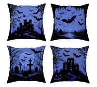 Juego de 4 fundas de almohada de murciélagos, diseño gótico de castillo espeluznante, lápidas, Halloween, color negro, con patrón de cremallera oculta, fundas de almohada para el hogar, sala de estar