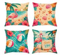 Juego de 4 fundas de almohada de pájaro tropical, playa tropical, concha de bola de playa, verano, melocotón, terciopelo suave, lavable, fundas de almohada cuadradas para sala de estar, cama, oficina