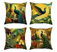 Juego de 4 fundas de almohada de pavo real, flores inspiradas en la naturaleza, otoño, terciopelo, suave, lavable, para sala de estar, apartamento, cama, sofá, decoración de 16 x 16 pulgadas