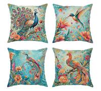 Juego de 4 fundas de almohada de pavo real, flores tropicales bohemias de colibrí, color turquesa con cremallera oculta, fundas de almohada para el hogar, sala de estar, dormitorio, decoración de sofá
