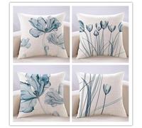 Juego de 4 fundas de almohada decorativas de lino y algodón de 50 x 50 cm con diseño de flores azules para sofá, cama, banco, fundas de almohada elegantes para decoración del hogar