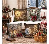 Juego de 4 fundas de almohada rústicas con cita navideña de diente de león | Estilo rústico de granja, fundas de cojín, detalles de lazo a cuadros, tema de invierno del bosque, decoración acogedora para