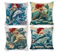 Juego de 4 Fundas de Cojín 45 x 45 cm, Sirena Funda Cojines Exterior, Cojines Decorativas Terciopelo, Impresión a Doble Cara, Fundas de Cojín Decor para Salón, Dormitorio, Sofá, Regalos Femeninos G327