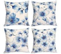 Juego de 4 Fundas de Cojín 45x45cm Floral Blanco Azul Terciopelo Fundas de cojín Decorativas Patrón de Doble Cara Fundas Cojines Suaves para Sofá, Oficina, Coche, Decoración del Hogar