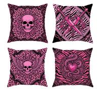 Juego de 4 fundas de cojín con diseño de calavera, estilo gótico, espadas vanguardistas, corazones, Halloween, melocotón, terciopelo suave, lavables, fundas de cojín para el hogar, sala de estar