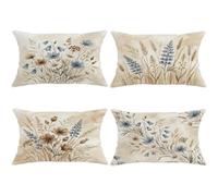 Juego de 4 fundas de cojín con diseño de flores, hojas de hierba de acuarela botánica, color azul otoñal con cremallera oculta, fundas de cojín para sala de estar, dormitorio, loft, oficina