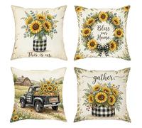 Juego de 4 fundas de cojín con diseño de girasol, estilo rústico con tarro de albañil, color amarillo otoñal con cremallera oculta, fundas de cojín para sala de estar, dormitorio, loft, oficina