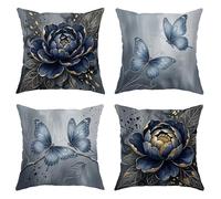Juego de 4 fundas de cojín con diseño de peonías, elegantes y contemporáneas con diseño de hojas de mariposa, color azul marino, con cremallera oculta, almohadas decorativas para sala de estar, cama