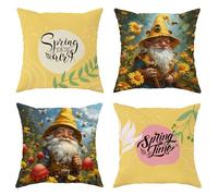 Juego de 4 fundas de cojín cuadradas de primavera con diseño de gnomo, abeja, flores, letras, hojas, amarillo, verde, rosa, terciopelo, cómodas, decorativas, para sofá, apartamento, sofá, 4 fundas de