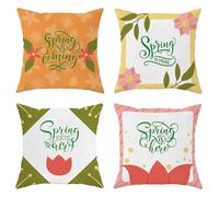 Juego de 4 fundas de cojín cuadradas de primavera con diseño de líneas de flores, hojas, naranja, amarillo, rosa, verde, terciopelo, cómodo, decorativo, dormitorio, apartamento, sofá, juego de 4