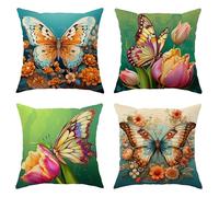 Juego de 4 fundas de cojín cuadradas de primavera con diseño de mariposa, floral, botánico, verde, rosa, naranja, terciopelo, cómodas, decorativas, para sofá, dormitorio, apartamento, 45,7 x 45,7 cm